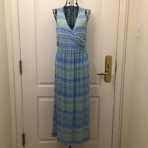 GUC J. Jill Multicolor Blue Green Yellow Stripe Geometric Pattern Maxi Dress XS - Picture 1 of 7